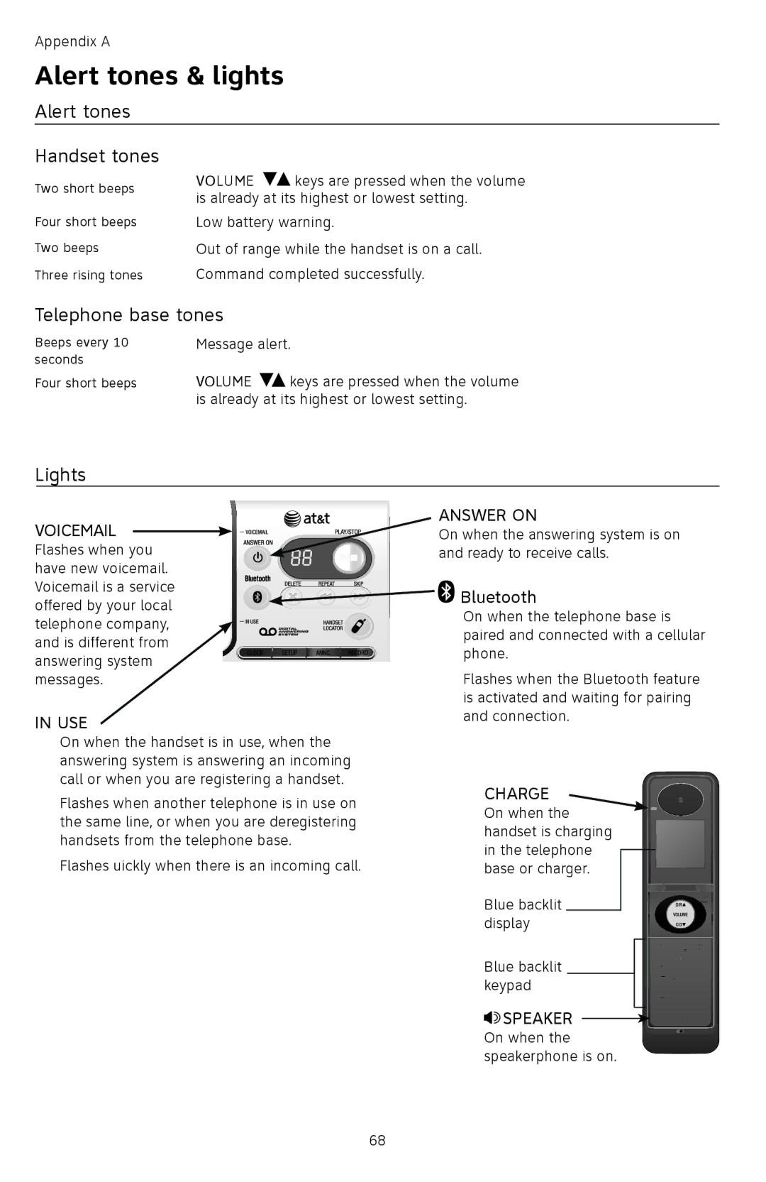 AT&T TL92378 user manual Alert tones & lights, Alert tones Handset tones, Telephone base tones, Lights 