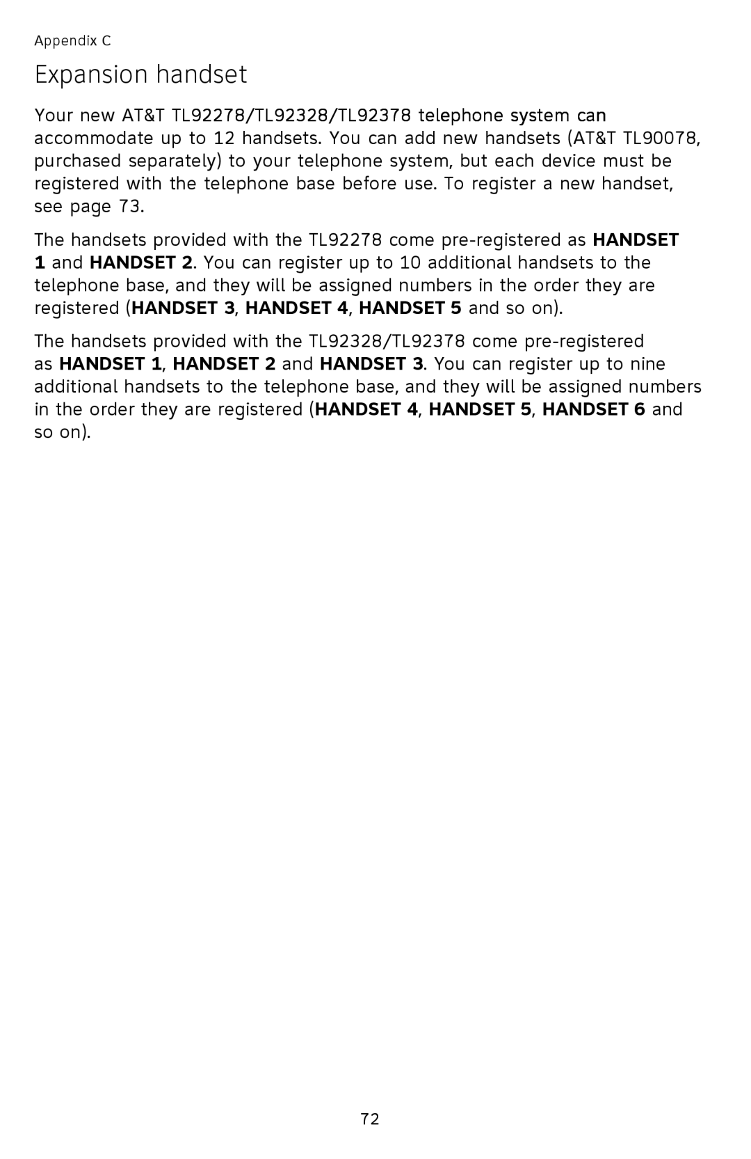 AT&T TL92378 user manual Expansion handset 