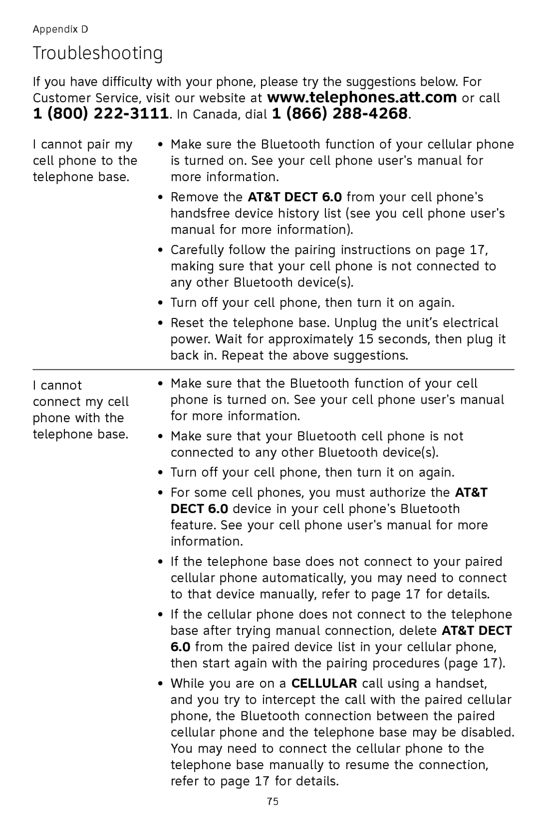 AT&T TL92378 user manual Troubleshooting 