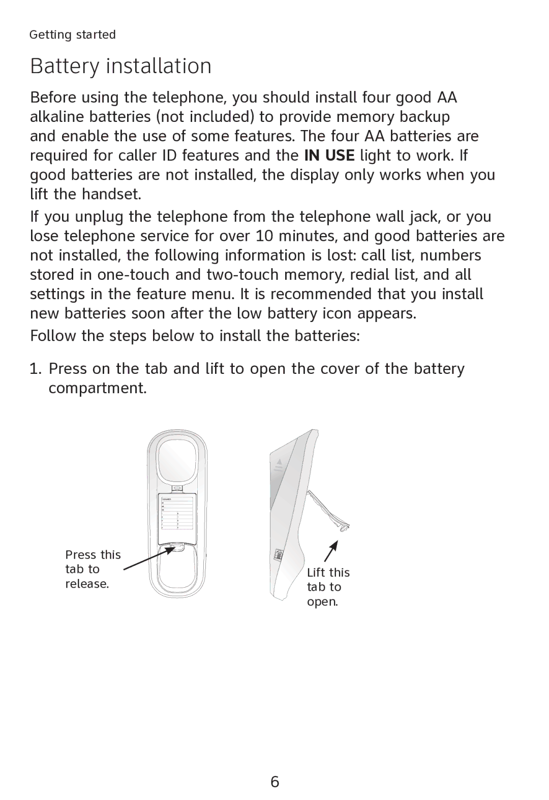 AT&T TR1909 user manual Battery installation 