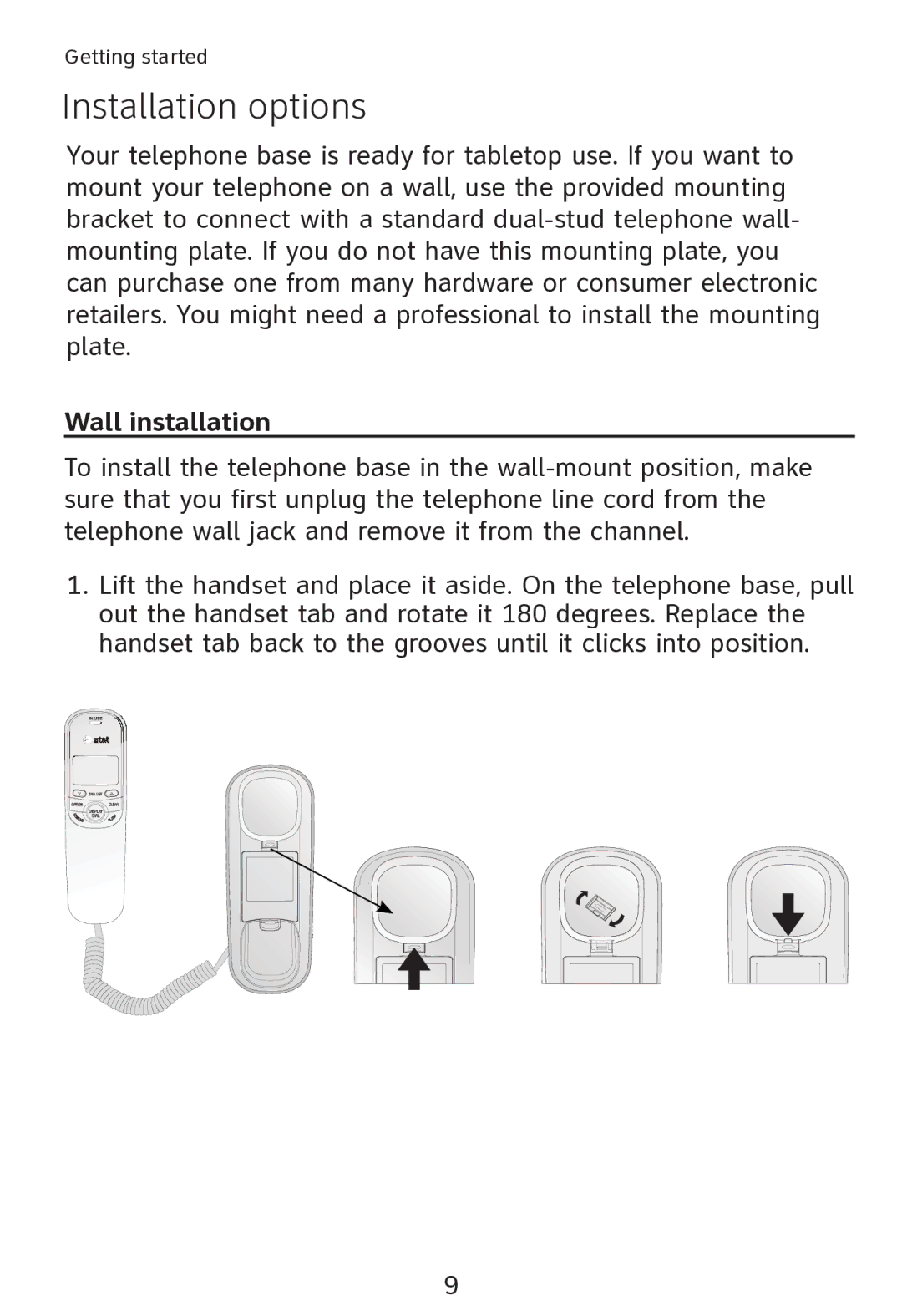 AT&T TR1909 user manual Installation options, Wall installation 