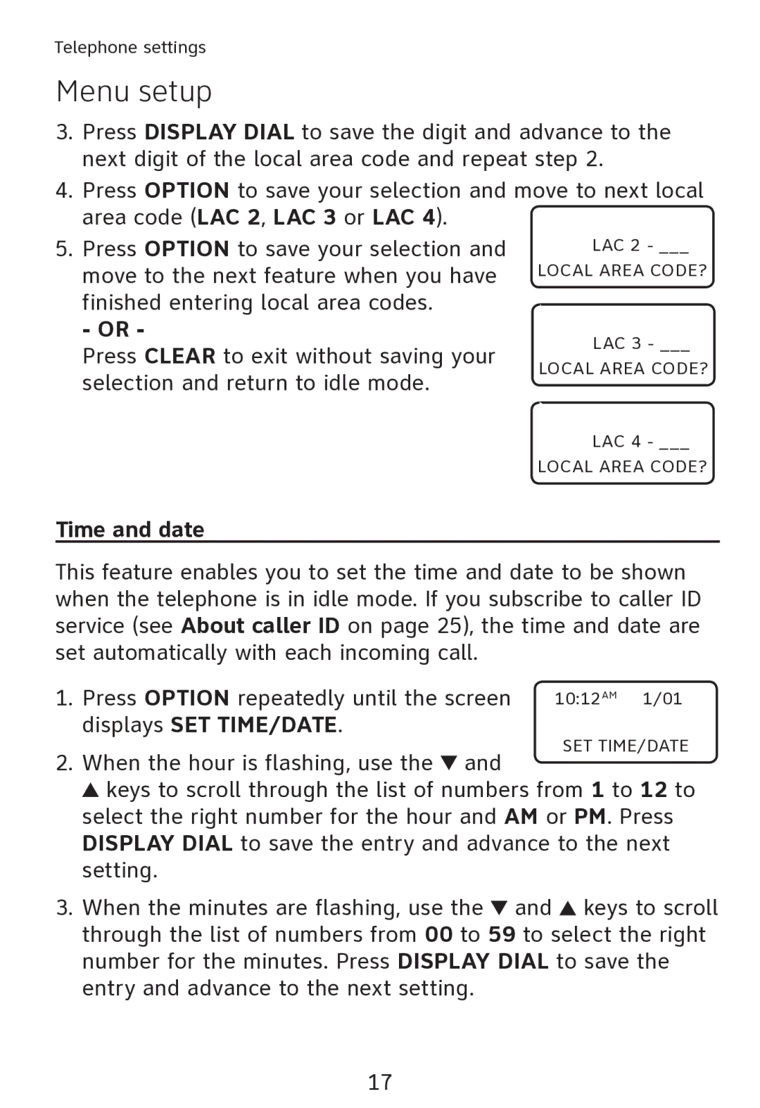 AT&T TR1909 user manual Time and date, Displays SET TIME/DATE 