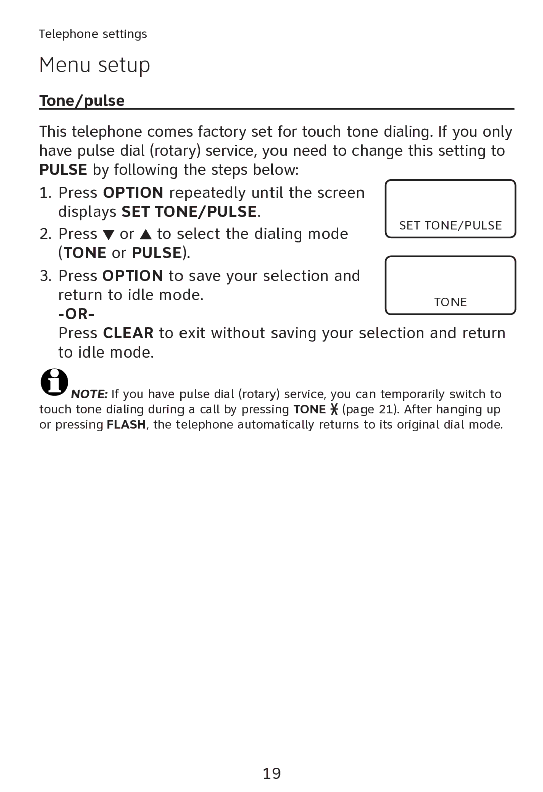 AT&T TR1909 user manual Tone/pulse 