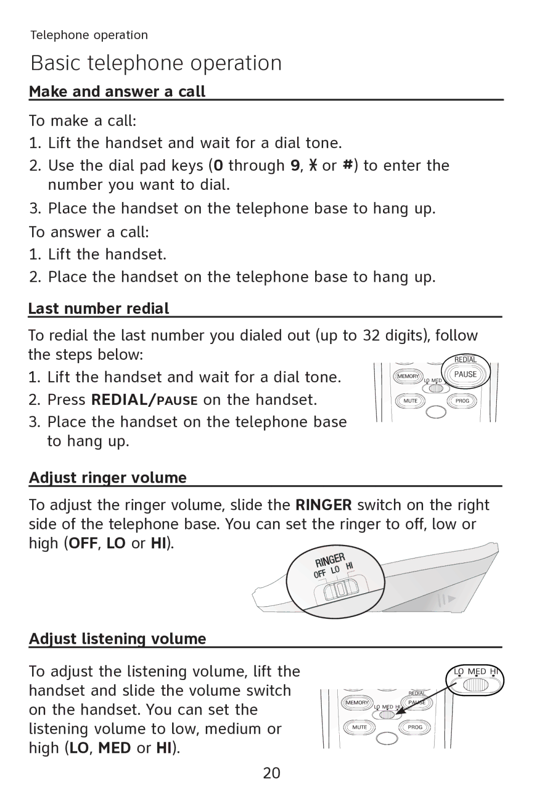 AT&T TR1909 user manual Basic telephone operation, Make and answer a call, Last number redial, Adjust ringer volume 