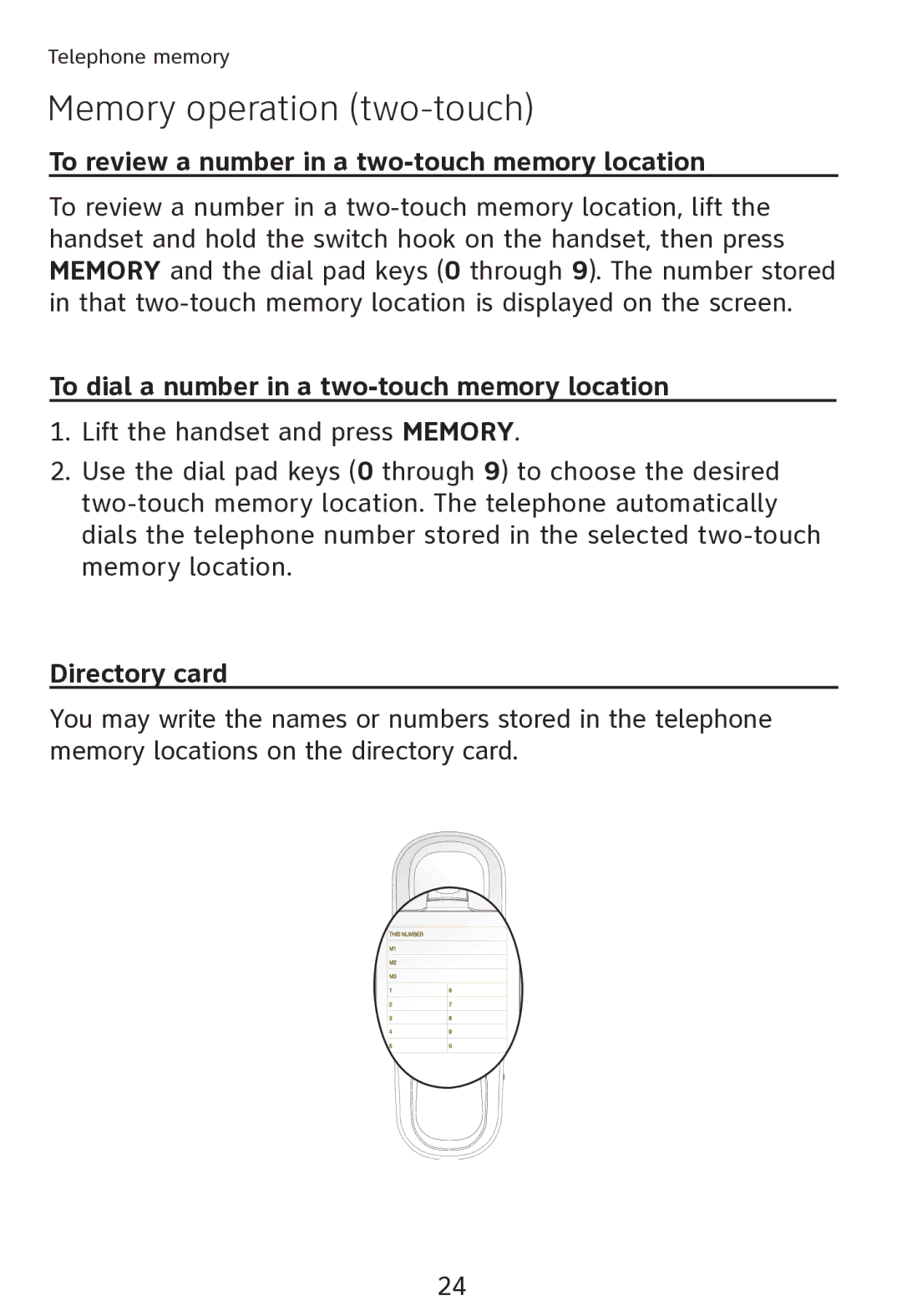 AT&T TR1909 user manual To review a number in a two-touch memory location, To dial a number in a two-touch memory location 