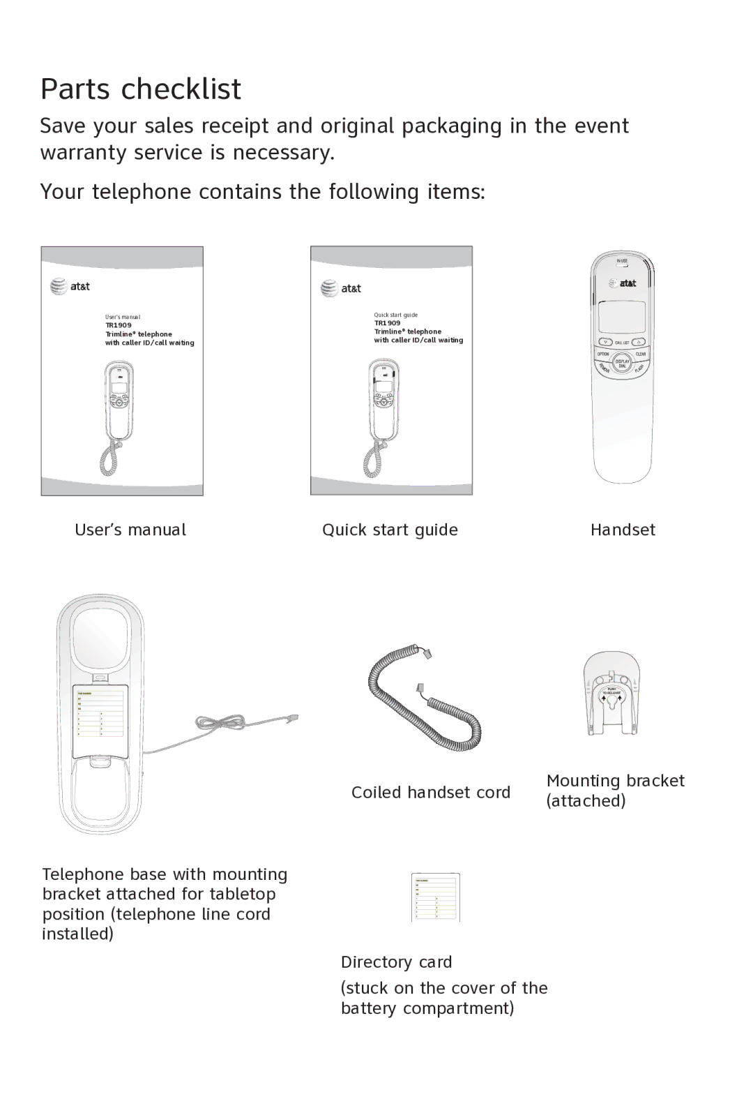 AT&T TR1909 user manual Parts checklist 