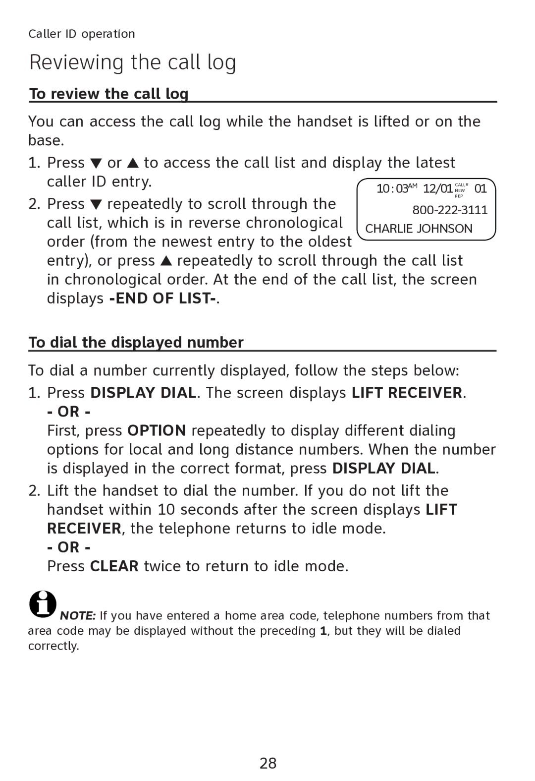 AT&T TR1909 user manual Reviewing the call log, To review the call log, To dial the displayed number 