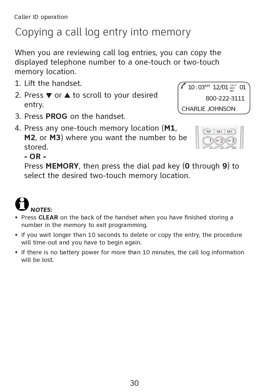 AT&T TR1909 user manual Copying a call log entry into memory 