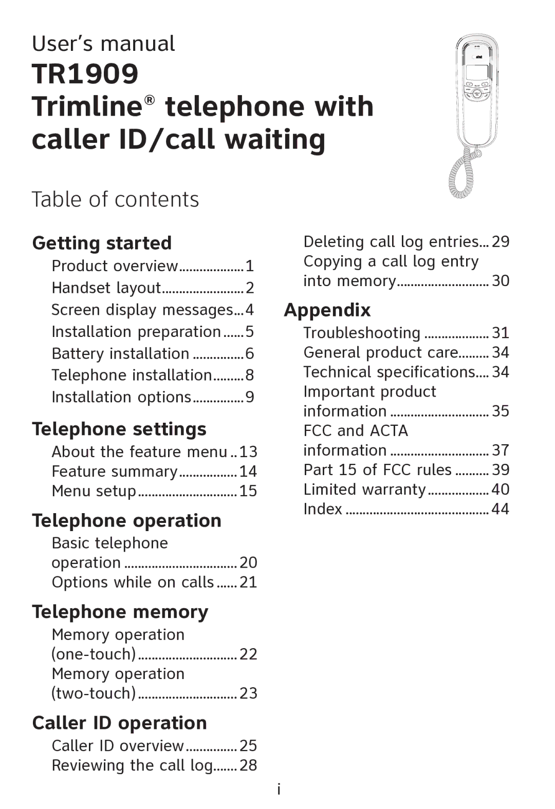 AT&T TR1909 user manual User’s manual, Table of contents 