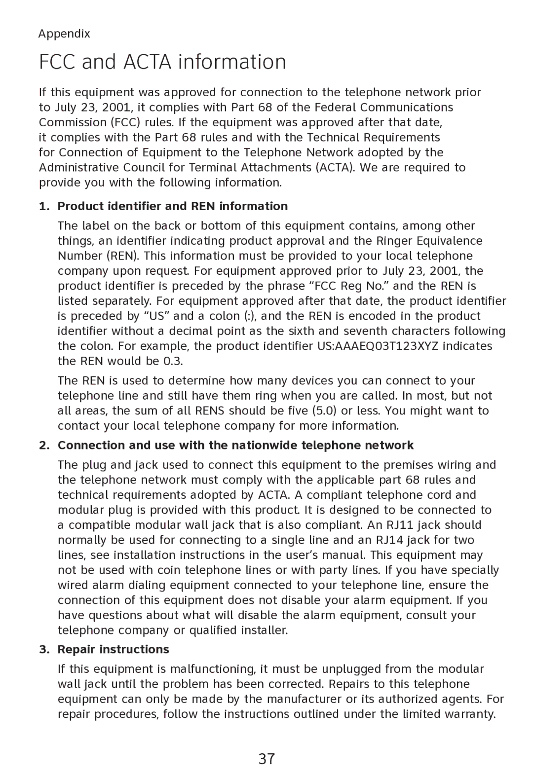 AT&T TR1909 user manual FCC and Acta information, Product identifier and REN information, Repair instructions 