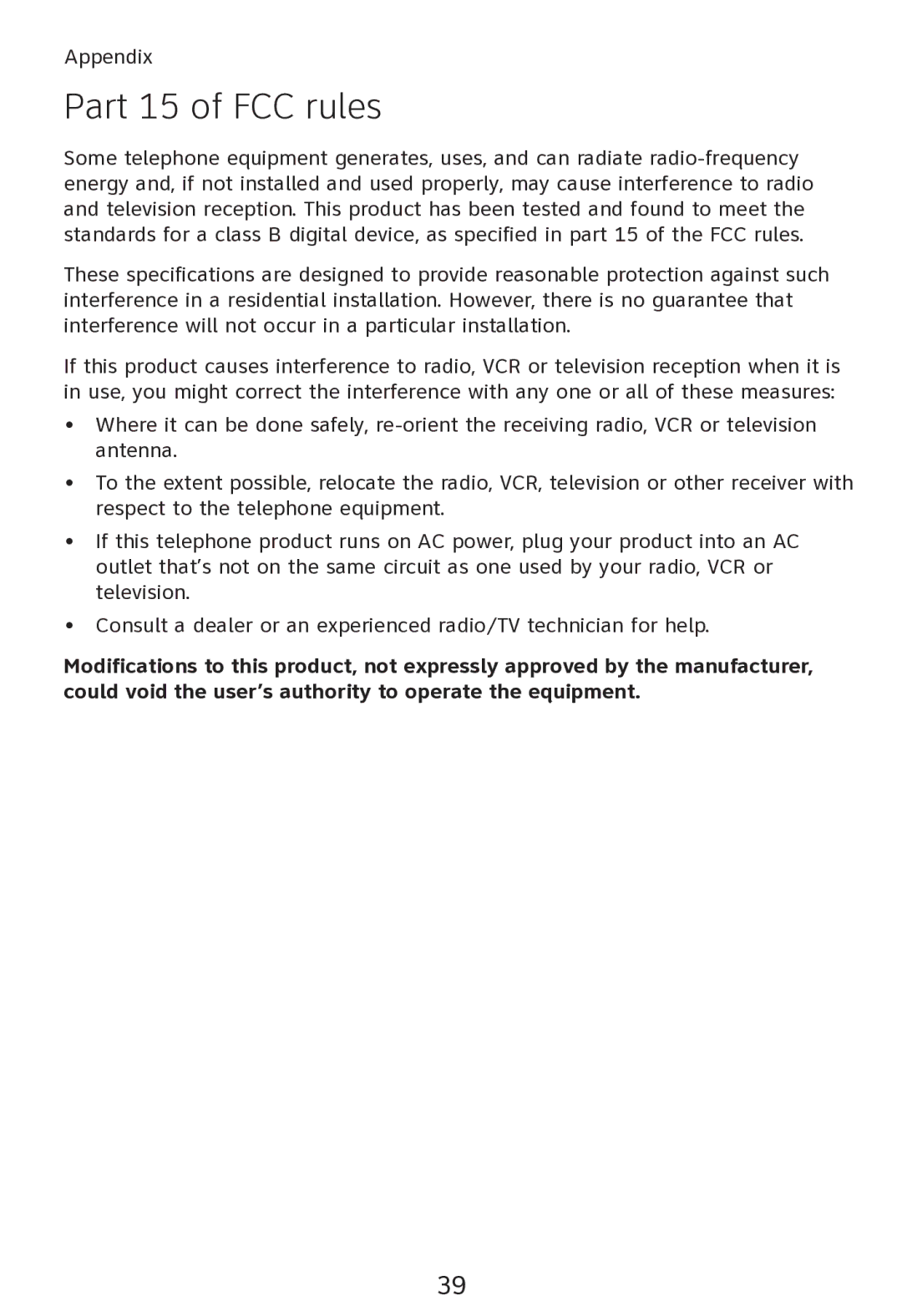 AT&T TR1909 user manual Part 15 of FCC rules 