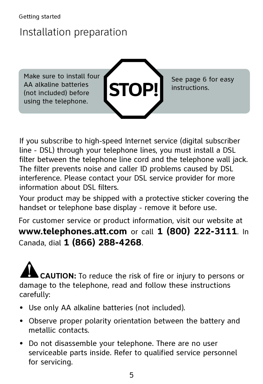 AT&T TR1909 user manual Stop, Installation preparation 