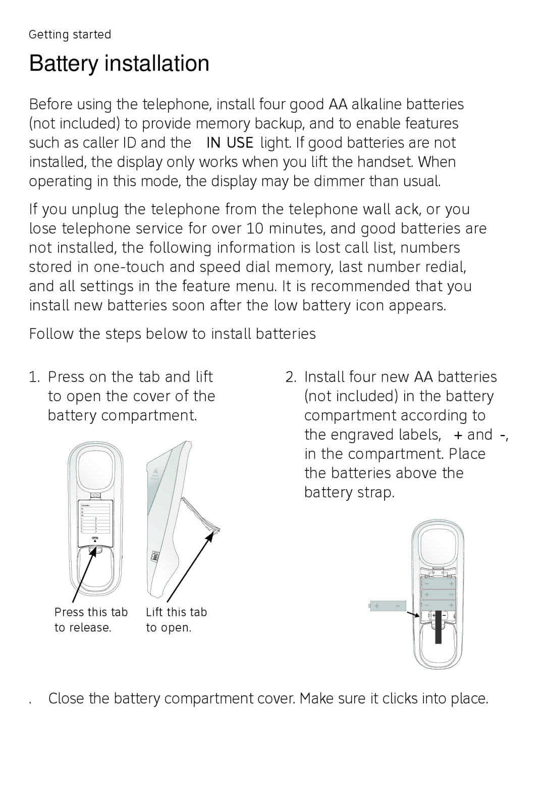 AT&T TR1909B, TR1909W user manual Battery installation 