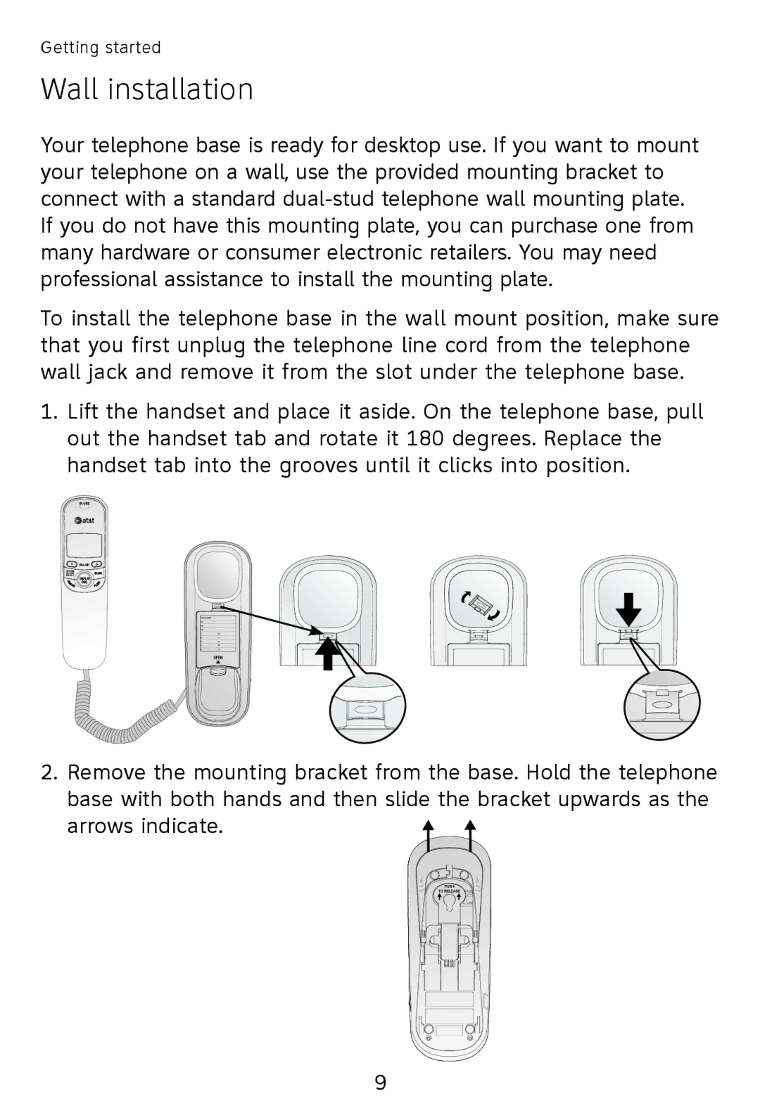 AT&T TR1909W, TR1909B user manual Wall installation 