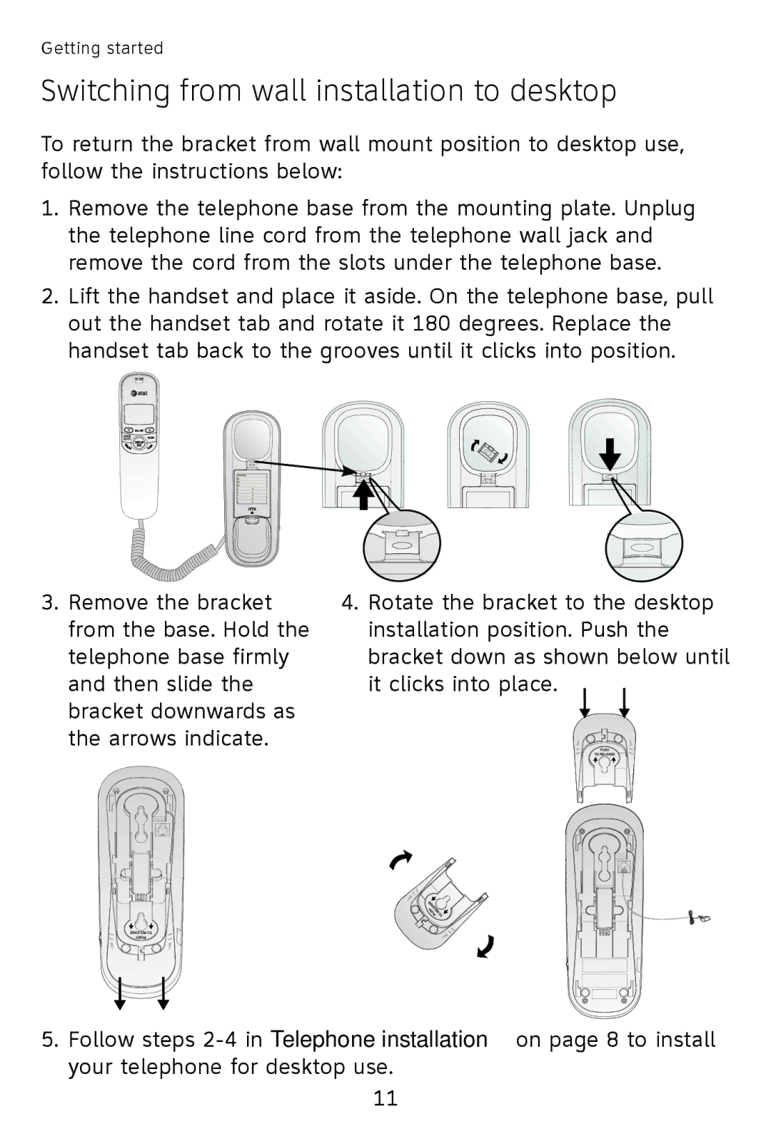 AT&T TR1909W, TR1909B user manual Switching from wall installation to desktop 