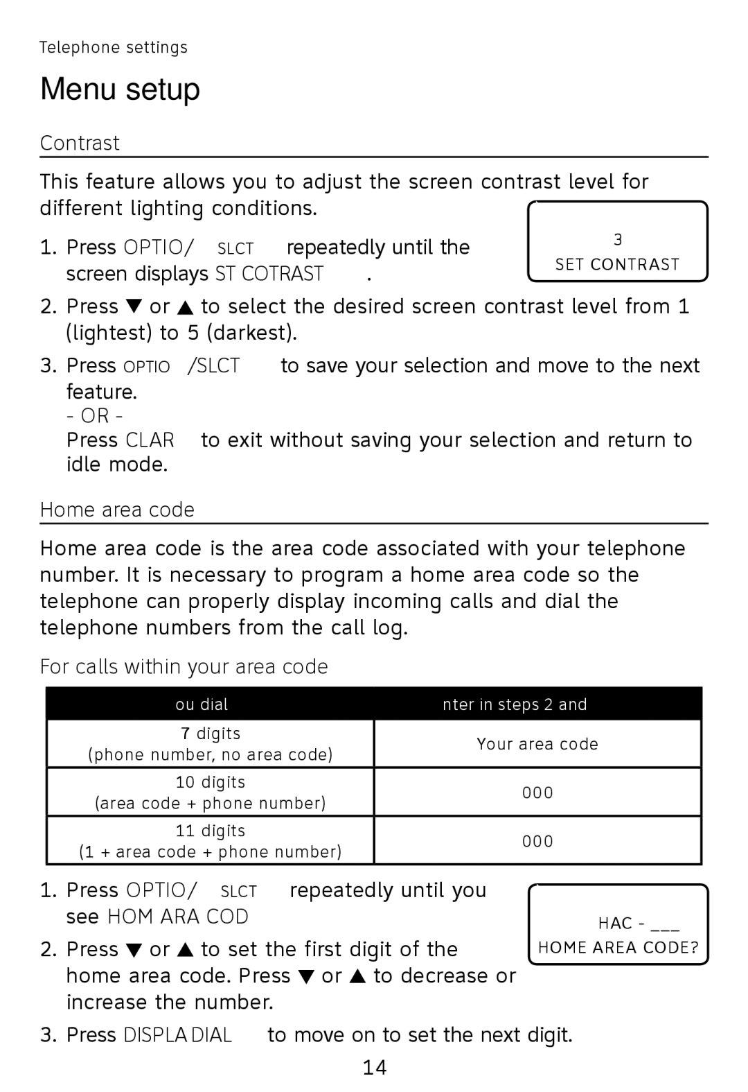 AT&T TR1909B, TR1909W user manual Menu setup, Contrast, Home area code, For calls within your area code 