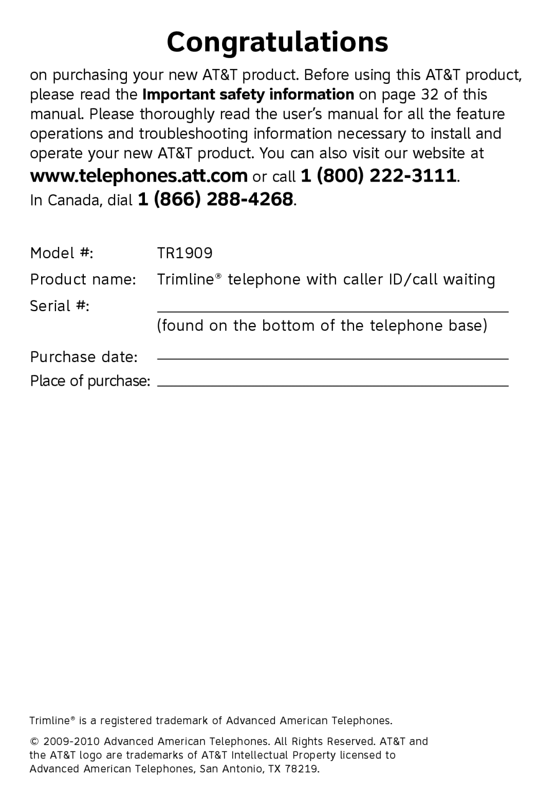 AT&T TR1909B, TR1909W user manual Congratulations 