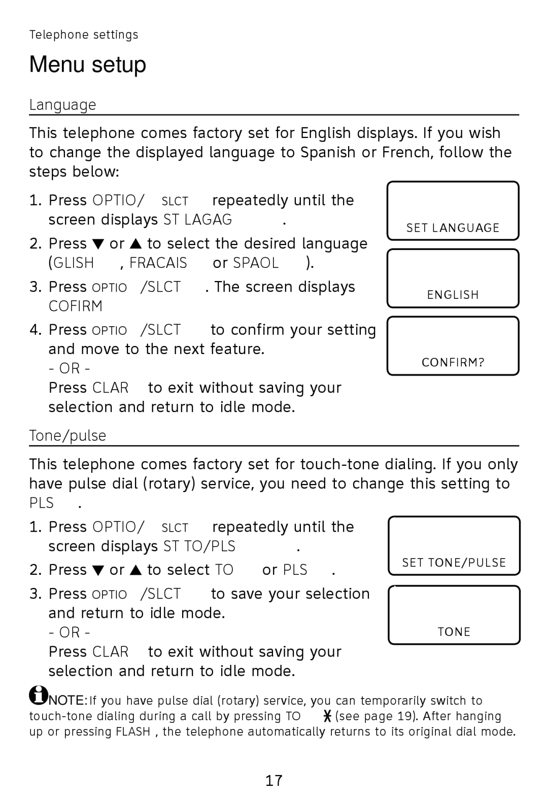 AT&T TR1909W, TR1909B user manual Language, Tone/pulse 