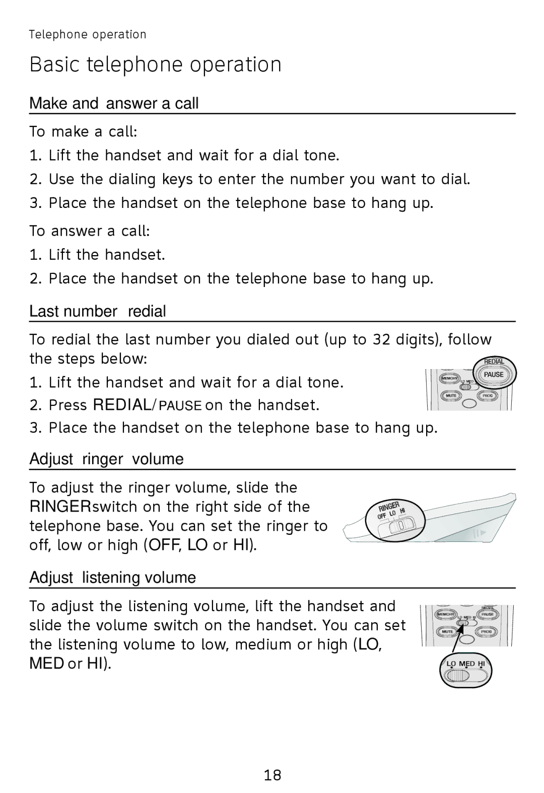 AT&T TR1909B, TR1909W Basic telephone operation, Make and answer a call, Last number redial, Adjust ringer volume 