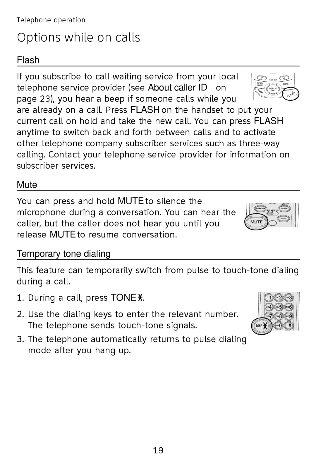 AT&T TR1909W, TR1909B user manual Options while on calls, Flash, Mute, Temporary tone dialing 