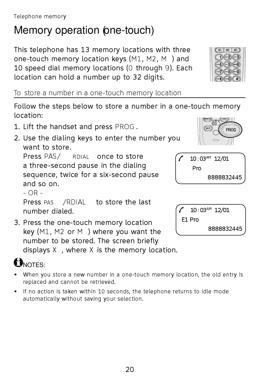 AT&T TR1909B, TR1909W user manual Memory operation one-touch, To store a number in a one-touch memory location 