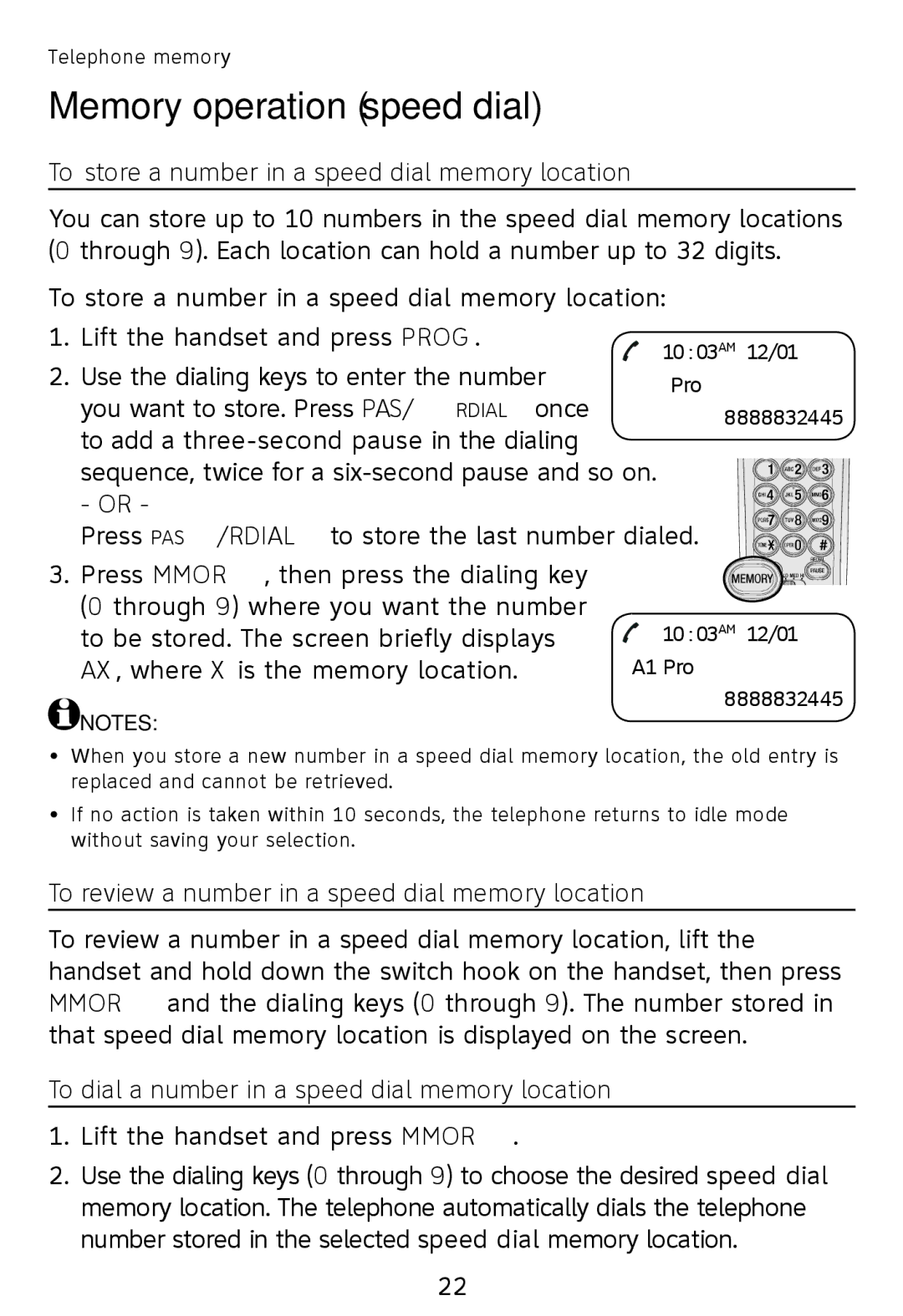 AT&T TR1909B, TR1909W user manual Memory operation speed dial, To store a number in a speed dial memory location 