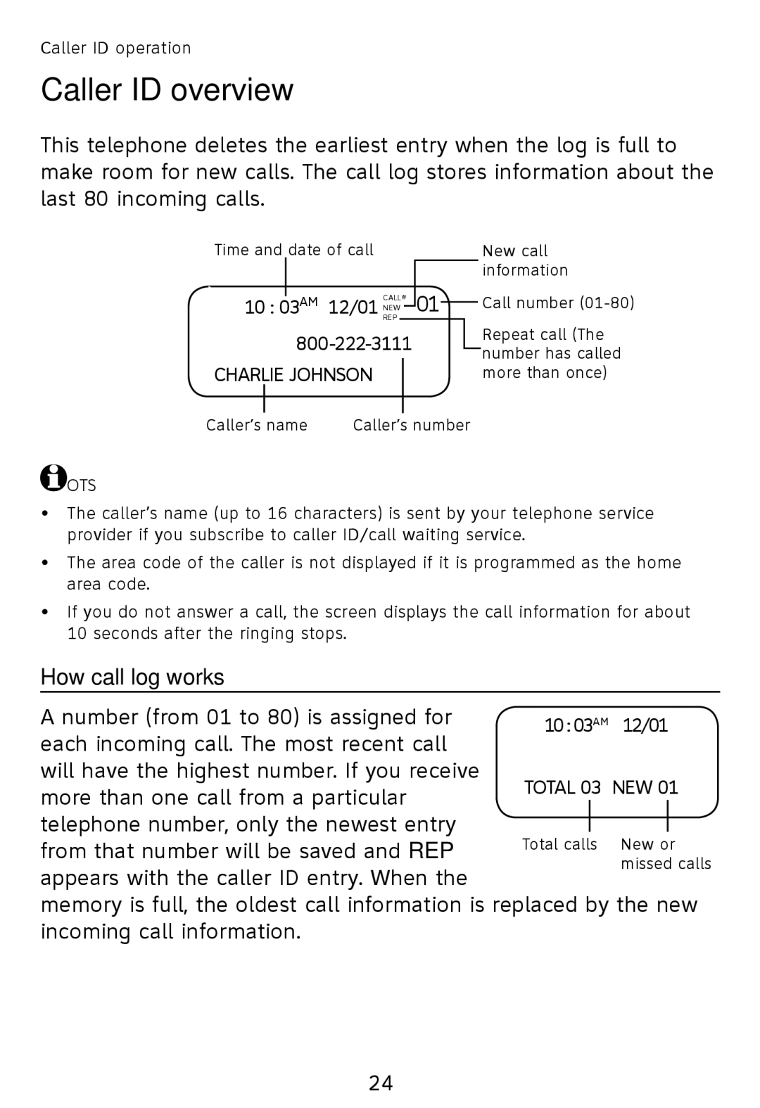 AT&T TR1909B, TR1909W user manual How call log works, Charlie Johnson 