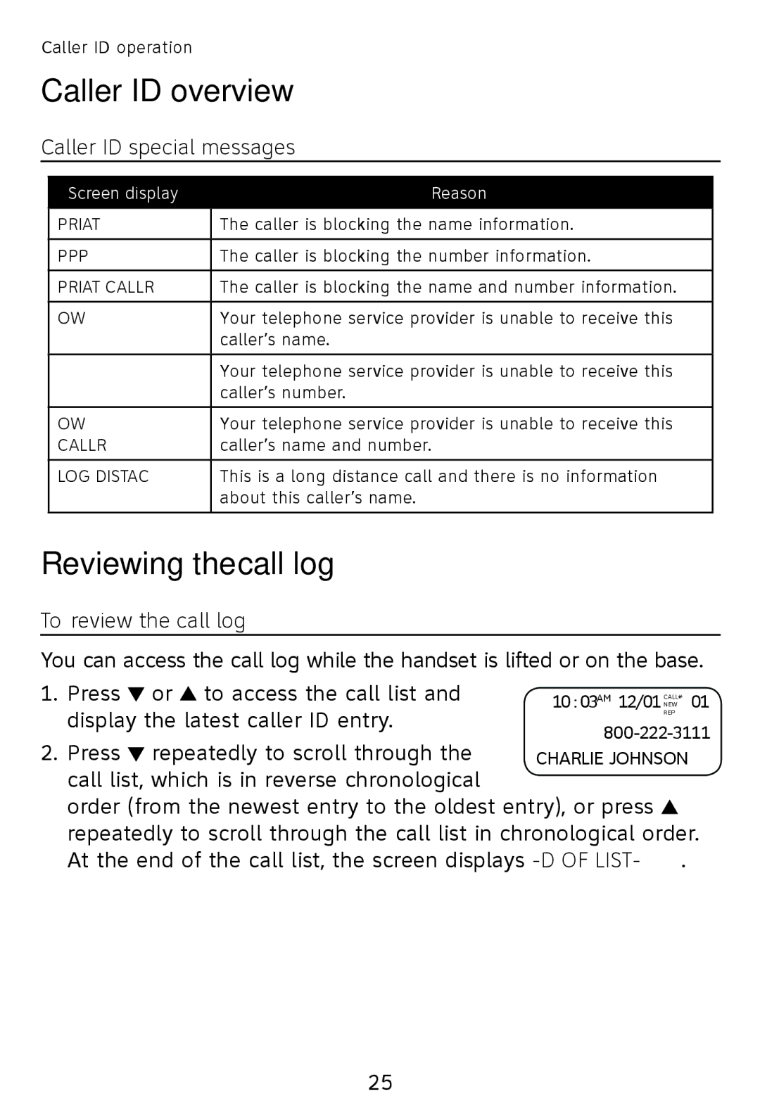 AT&T TR1909W, TR1909B user manual Reviewing the call log, Caller ID special messages, To review the call log 