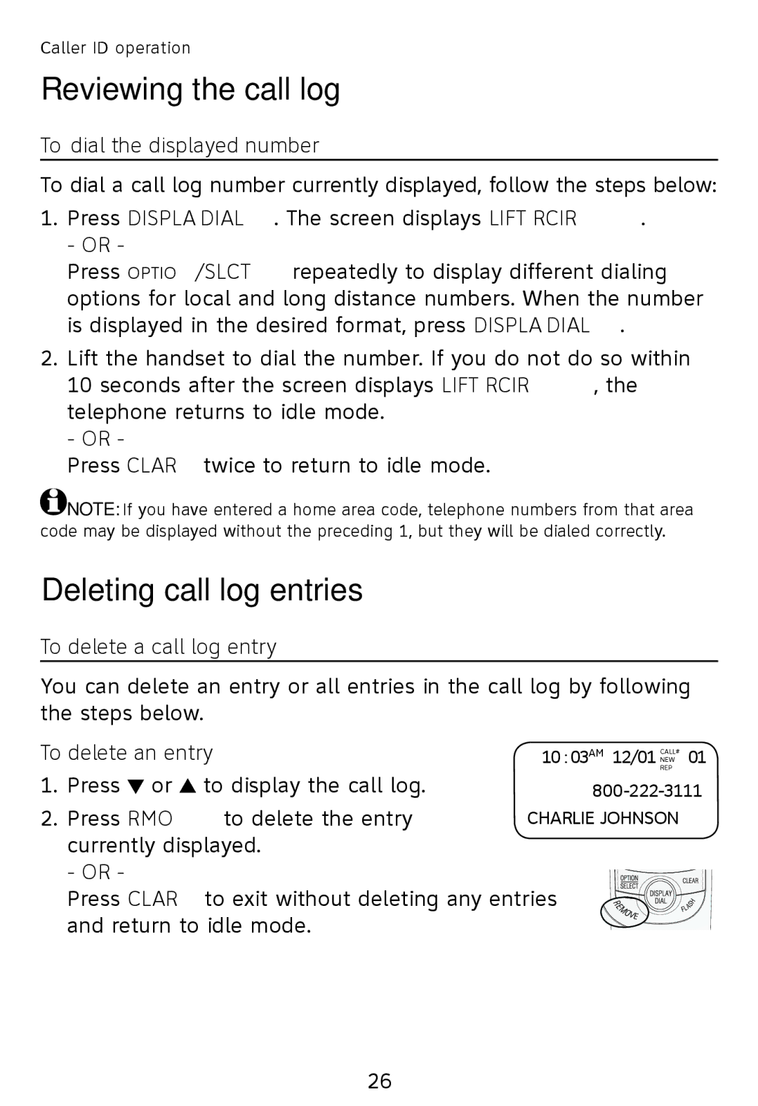 AT&T TR1909B Deleting call log entries, To dial the displayed number, To delete a call log entry, To delete an entry 