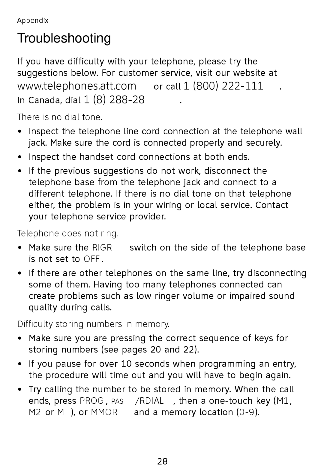 AT&T TR1909B Troubleshooting, There is no dial tone, Telephone does not ring, Difficulty storing numbers in memory 