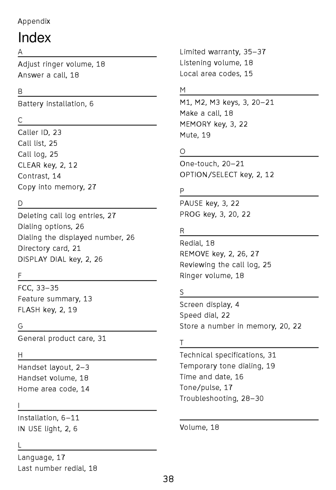 AT&T TR1909B, TR1909W user manual Index 