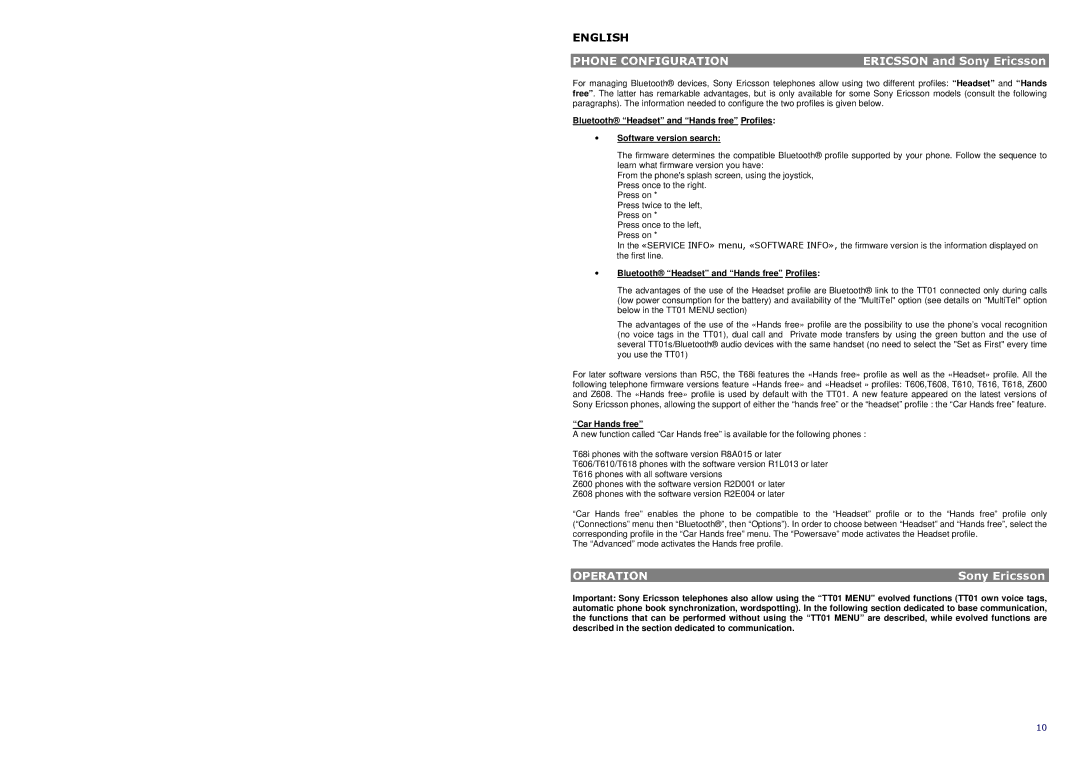 AT&T TT01 manual Phone Configuration, Ericsson and Sony Ericsson, Operation 