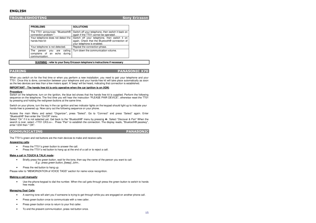 AT&T TT01 manual Troubleshooting, Pairing Panasonic, Communicating Panasonic, Problems Solutions 