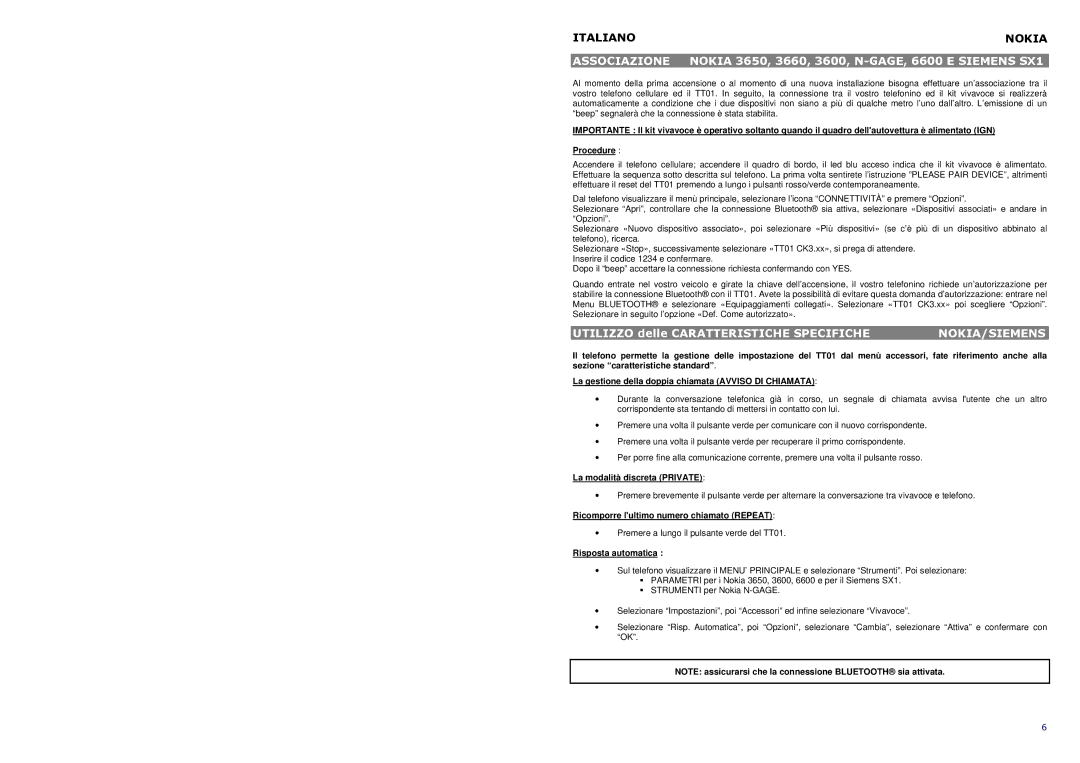 AT&T TT01 manual Italiano Nokia Associazione, Nokia 3650, 3660, 3600, N-GAGE, 6600 E Siemens SX1, Risposta automatica 