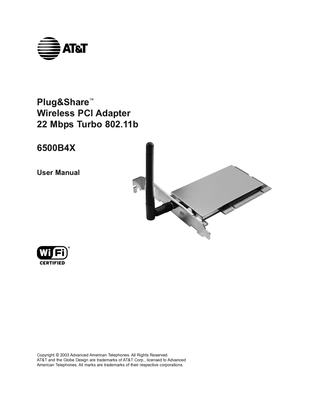 AT&T user manual Plug&Share Wireless PCI Adapter Mbps Turbo 802.11b 6500B4X 