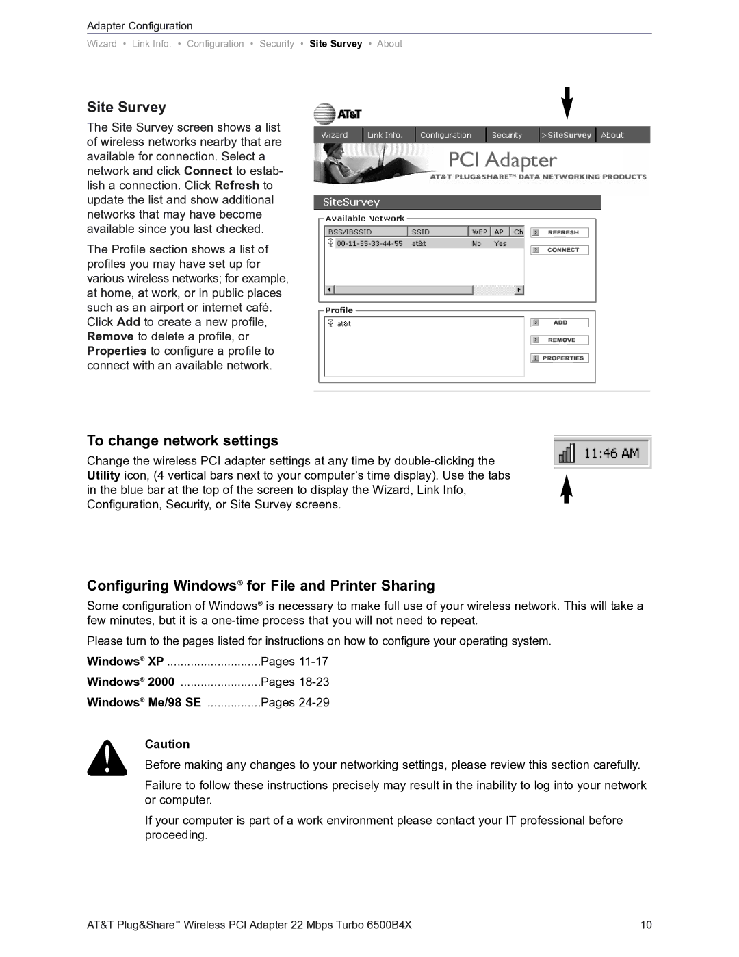 AT&T Turbo 802.11b user manual Site Survey, To change network settings, Configuring Windows for File and Printer Sharing 