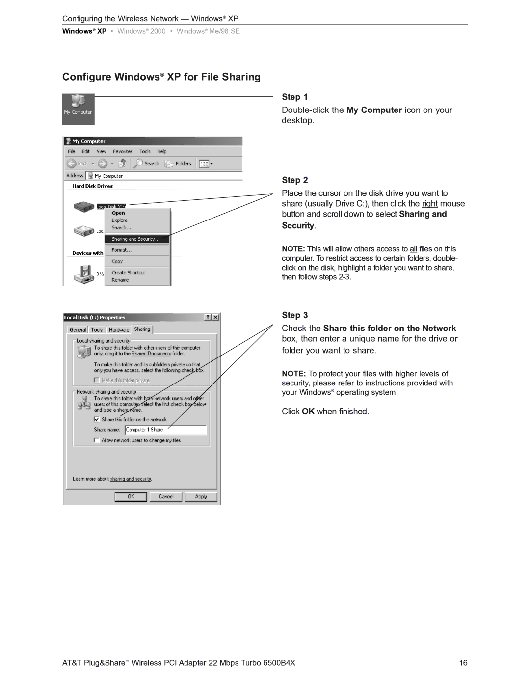 AT&T Turbo 802.11b user manual Configure Windows XP for File Sharing 