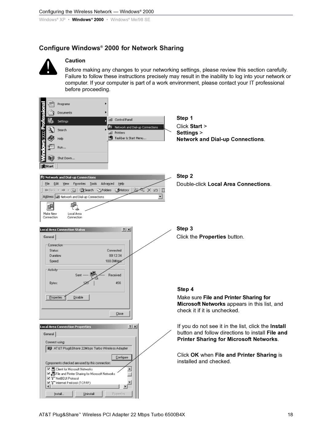 AT&T Turbo 802.11b user manual Configure Windows 2000 for Network Sharing 