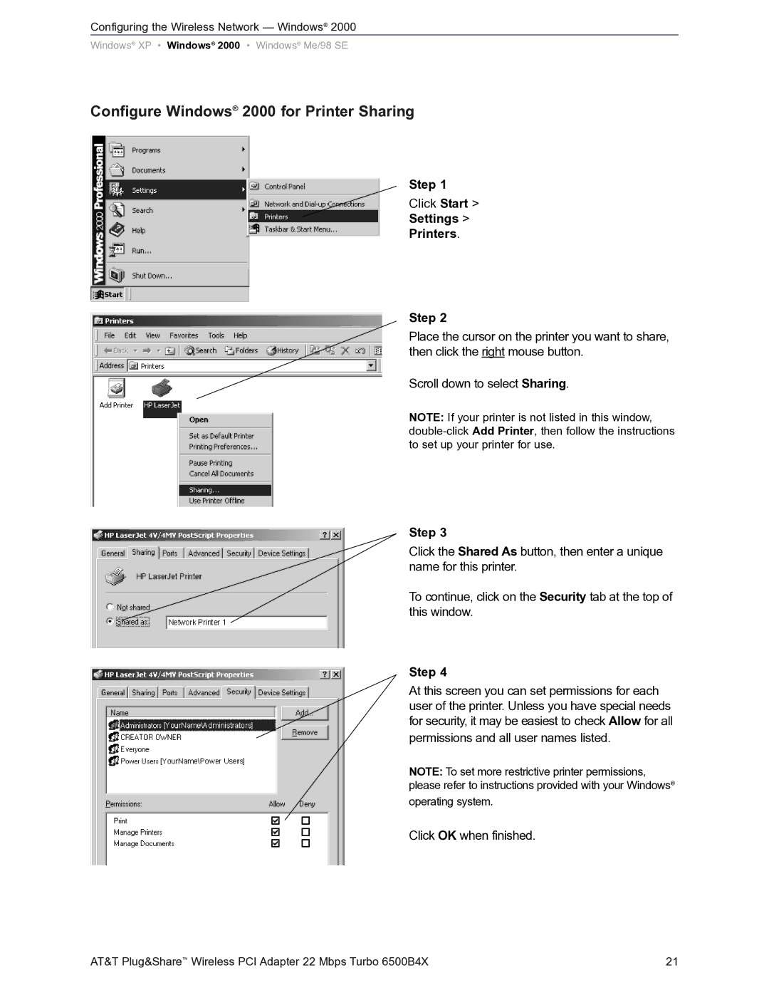 AT&T Turbo 802.11b user manual Configure Windows 2000 for Printer Sharing, Settings Printers Step 