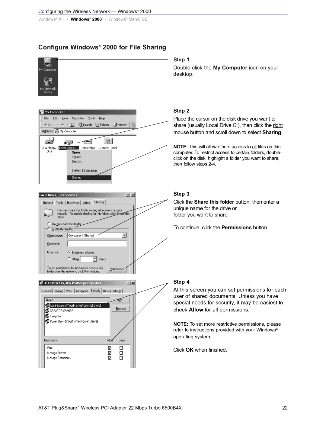 AT&T Turbo 802.11b user manual Configure Windows 2000 for File Sharing 