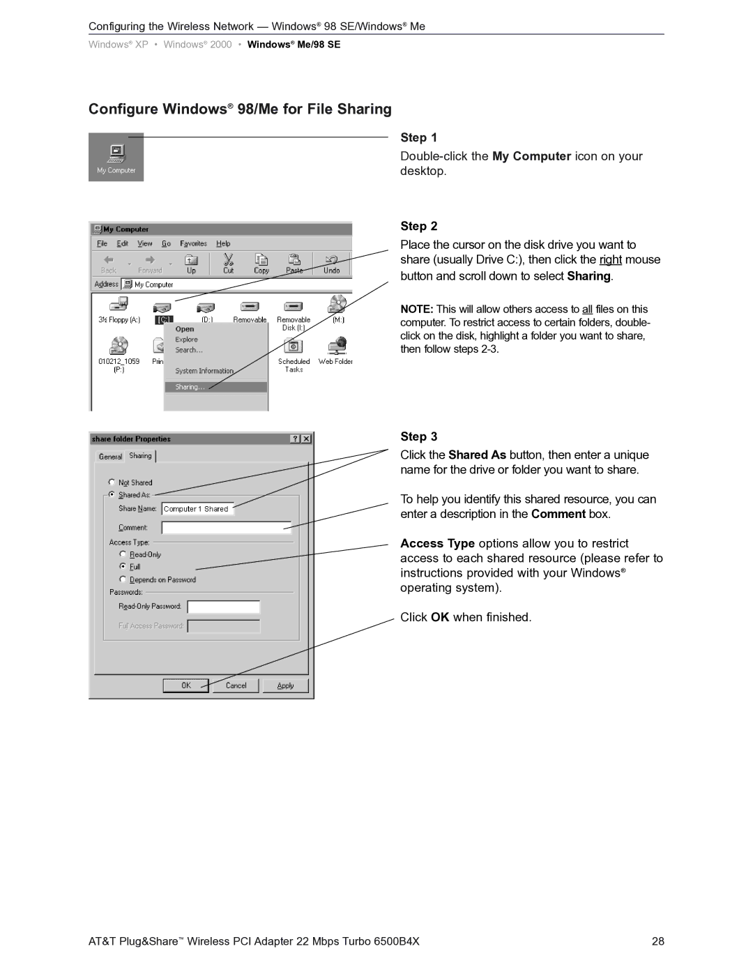 AT&T Turbo 802.11b user manual Configure Windows 98/Me for File Sharing 