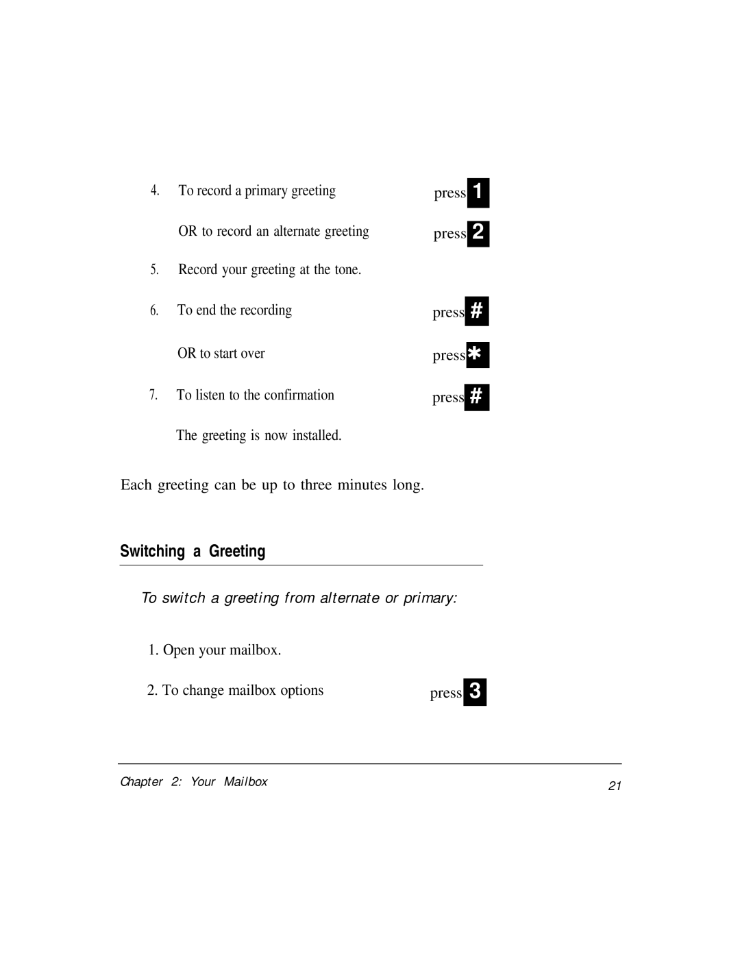 AT&T Voice Messaging System manual Switching a Greeting, To switch a greeting from alternate or primary 