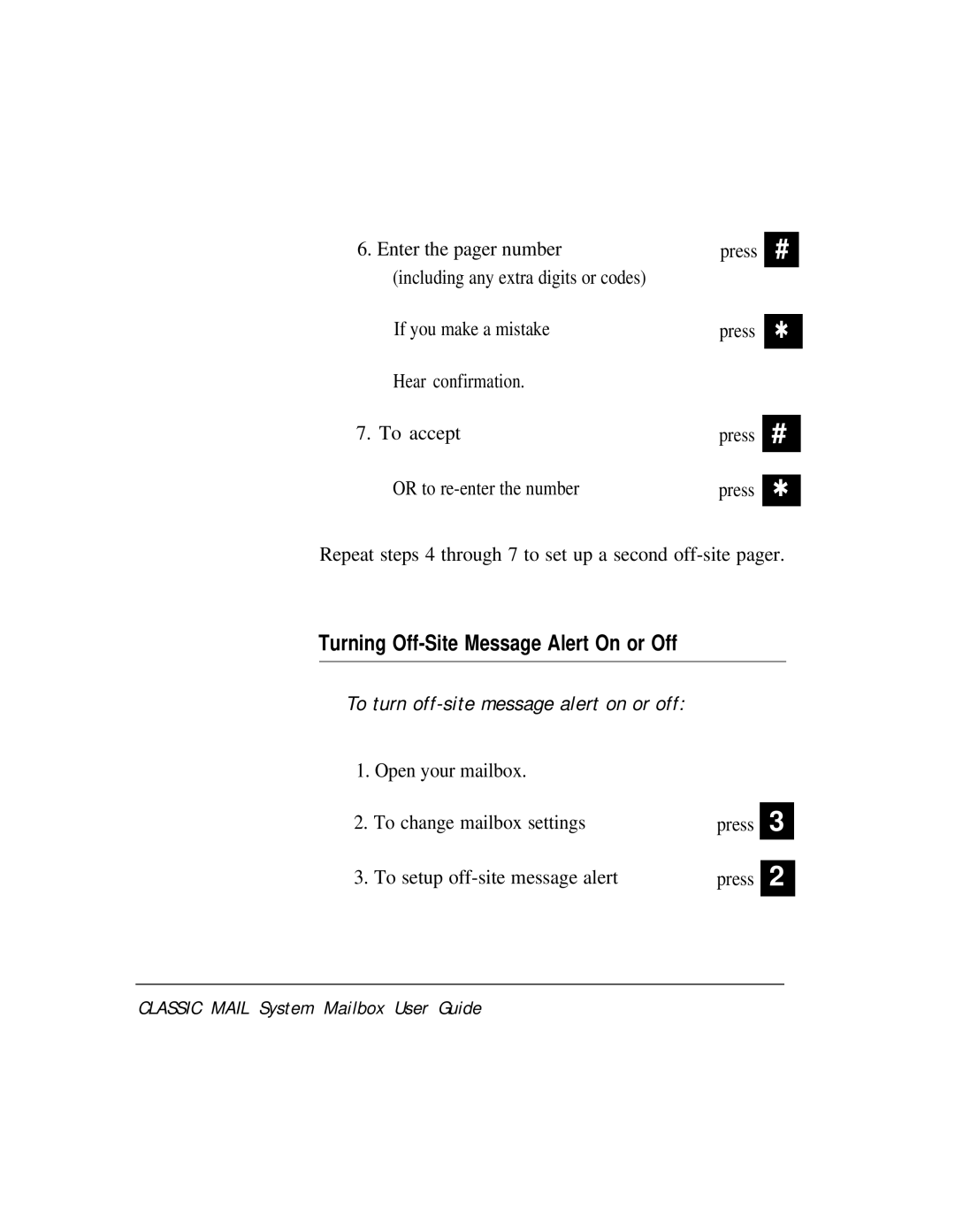 AT&T Voice Messaging System manual Turning Off-Site Message Alert On or Off, To turn off-site message alert on or off 