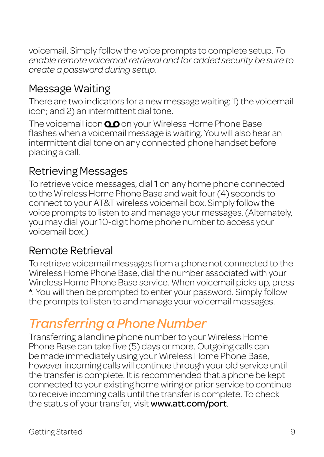 AT&T WF720 manual Transferring a Phone Number, Message Waiting, Retrieving Messages, Remote Retrieval 