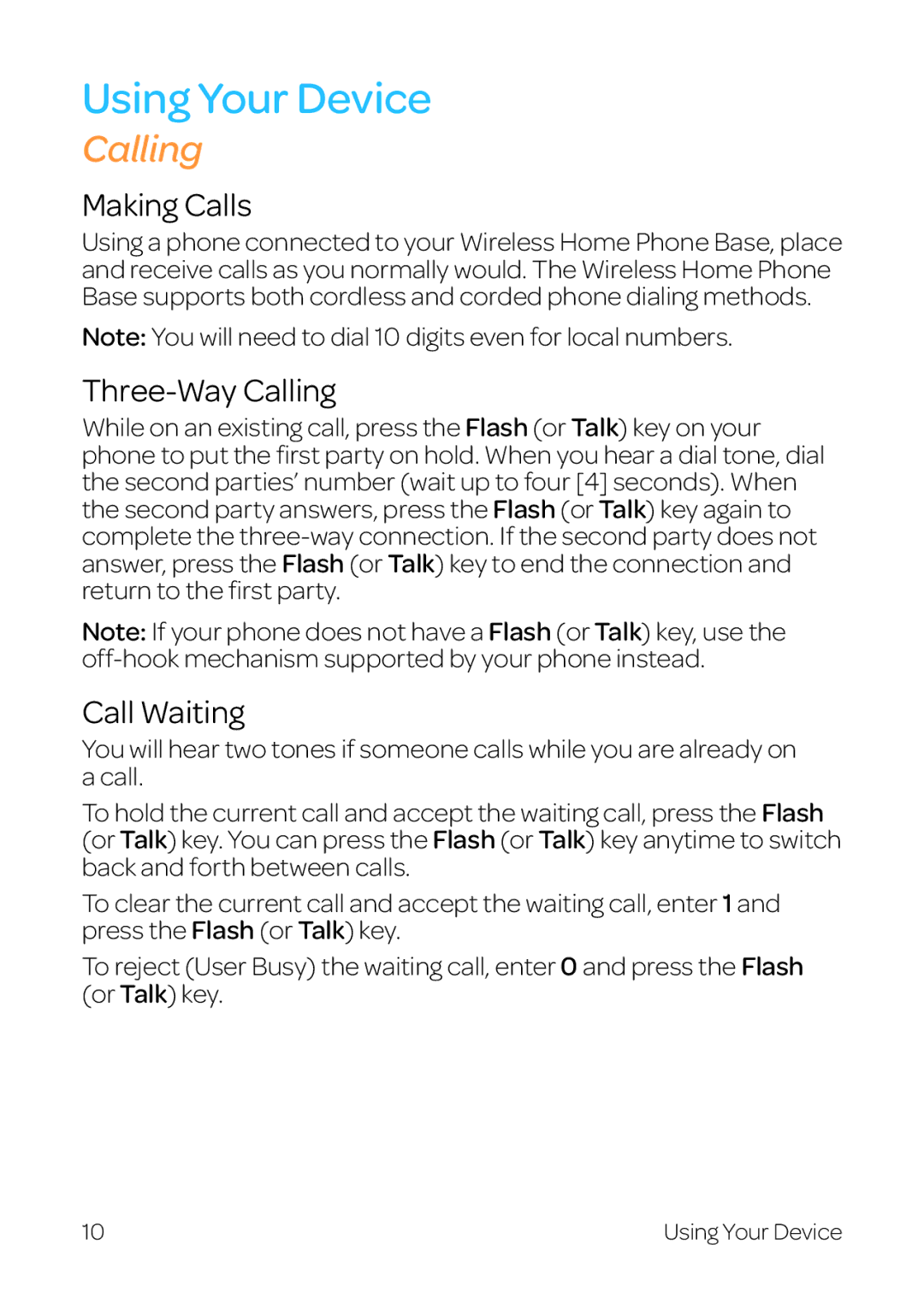 AT&T WF720 manual Using Your Device, Making Calls, Three-Way Calling, Call Waiting 