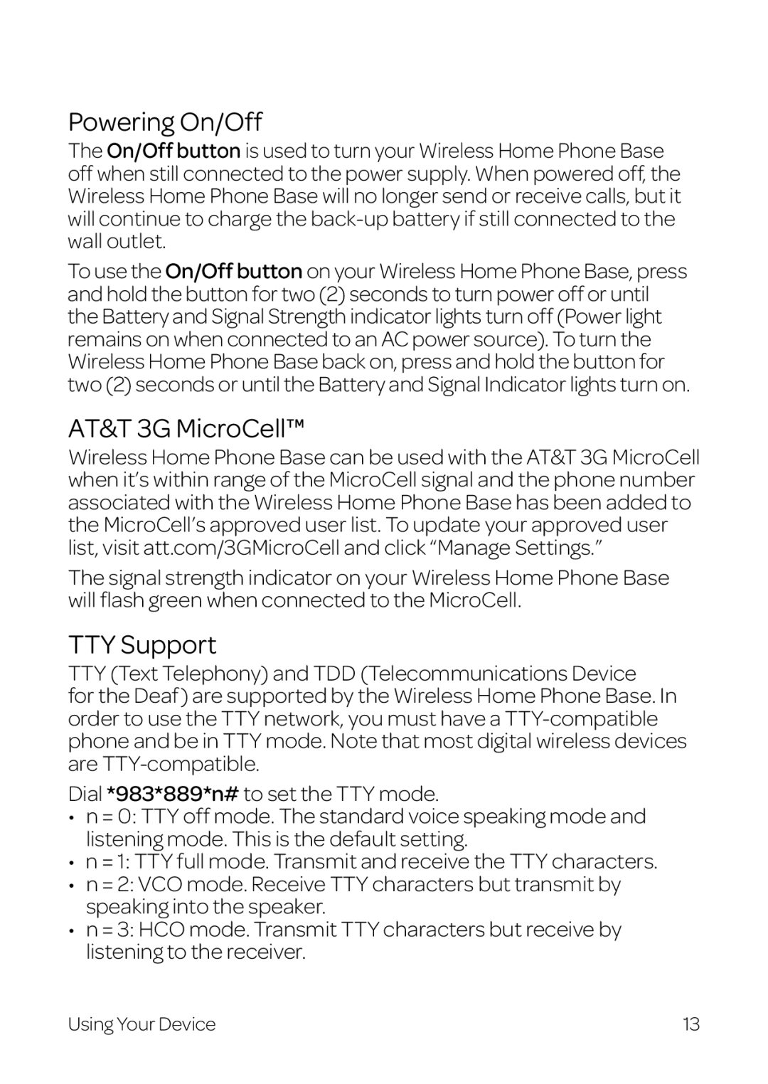 AT&T WF720 manual Powering On/Off, AT&T 3G MicroCell, TTY Support 