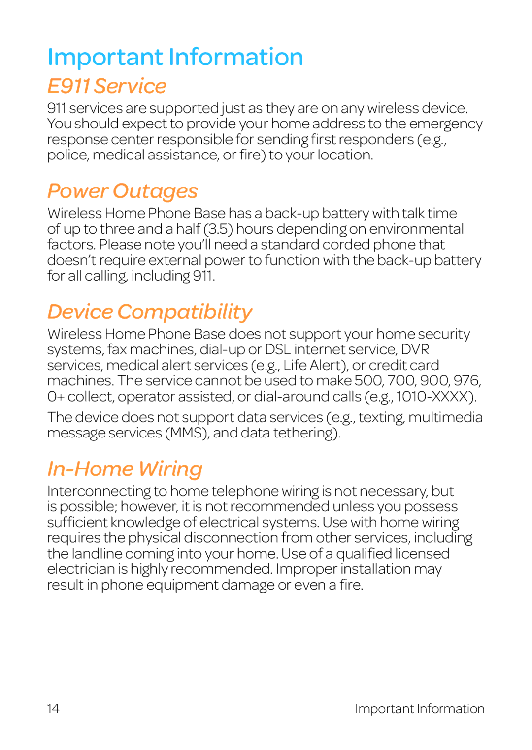 AT&T WF720 manual Important Information, E911 Service, Power Outages, Device Compatibility, In-Home Wiring 