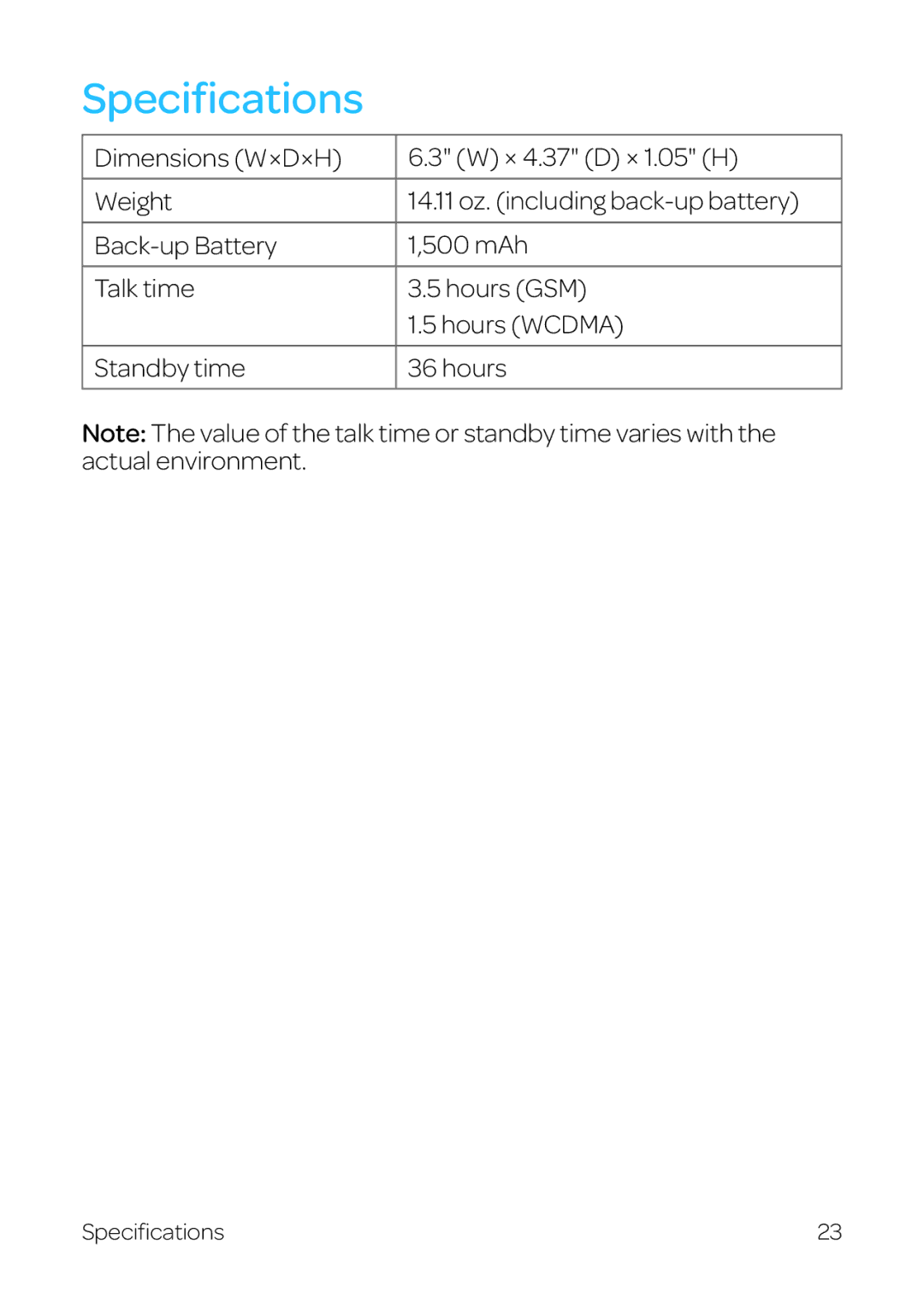 AT&T WF720 manual Specifications 