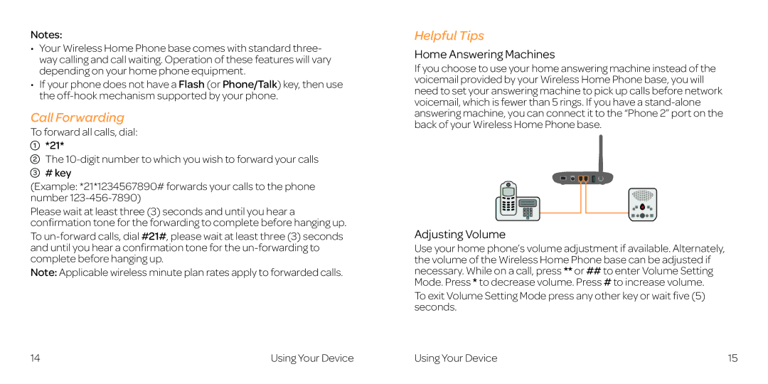 AT&T WF721 manual Call Forwarding, Helpful Tips, Home Answering Machines, Adjusting Volume 