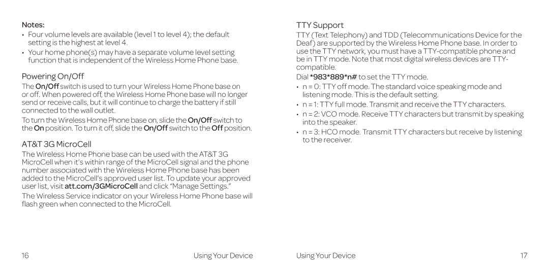 AT&T WF721 manual Powering On/Off, AT&T 3G MicroCell, TTY Support 